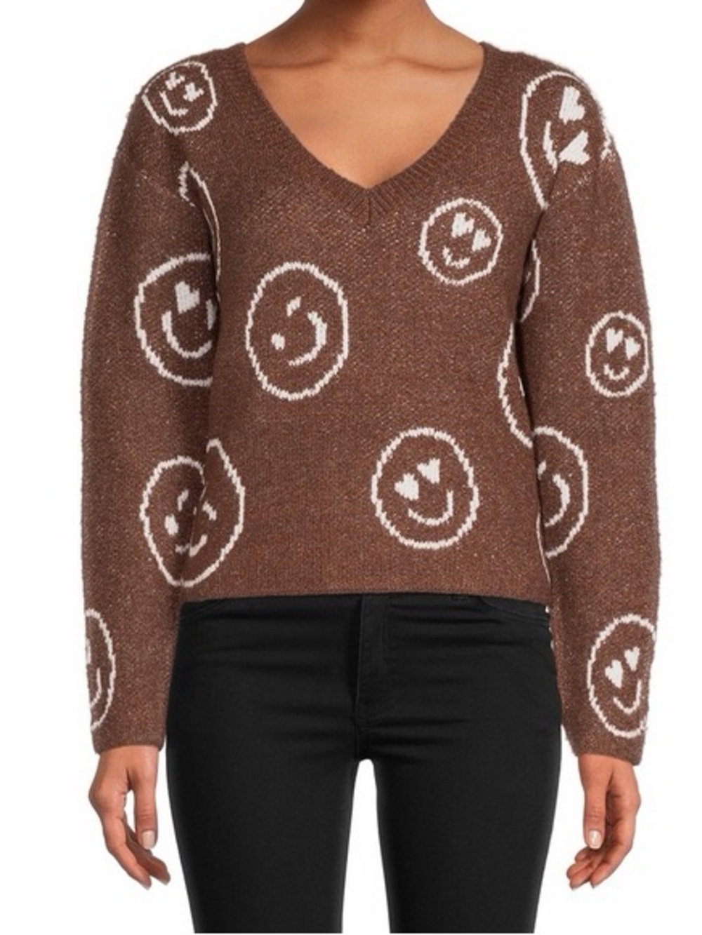 No Boundaries L Brown Smiley Face Sweater V-Neck Cropped Happy Face Knit Fall